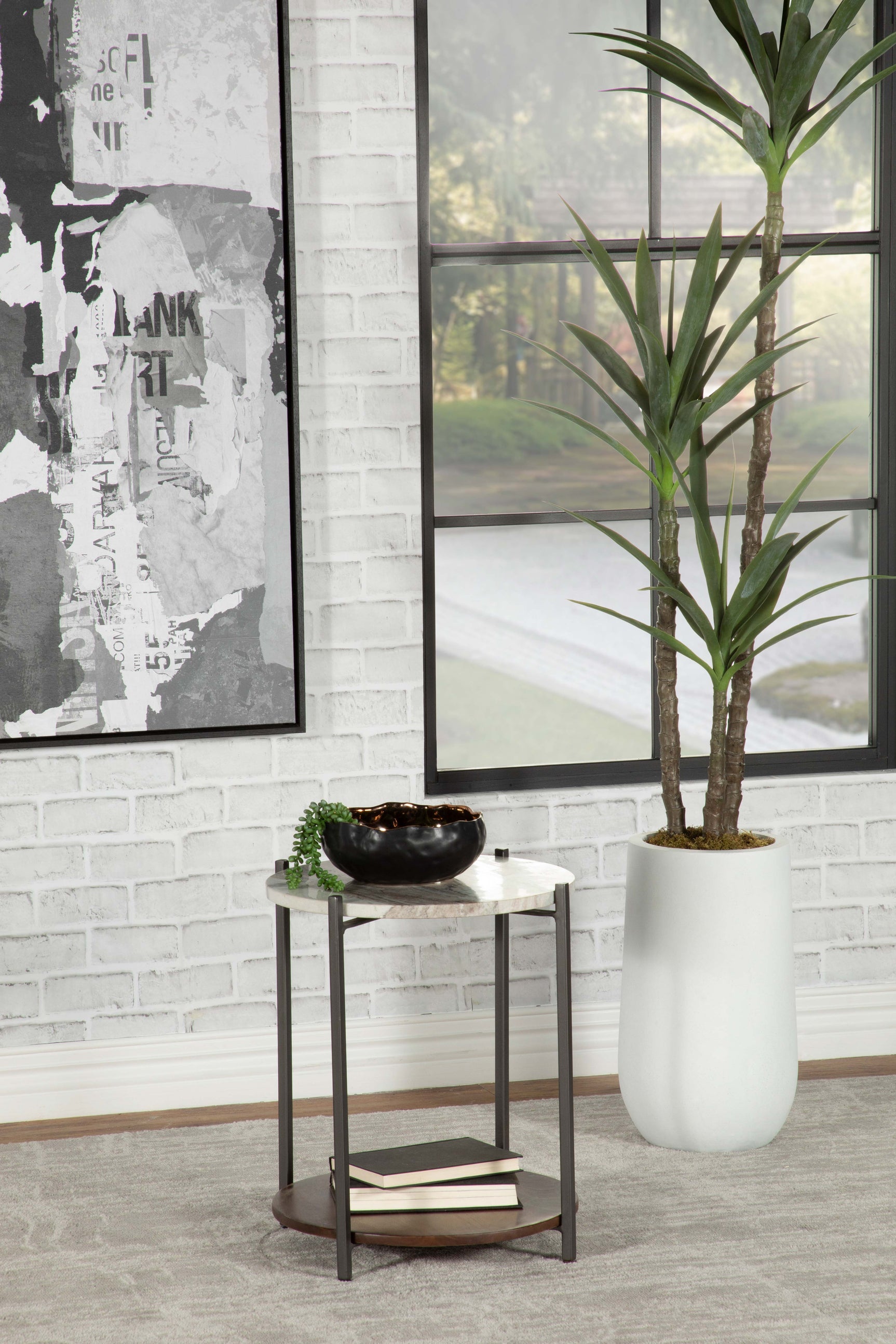 Noemie Round Marble Top Accent Side Table White and Gunmetal - Tampa Furniture Outlet