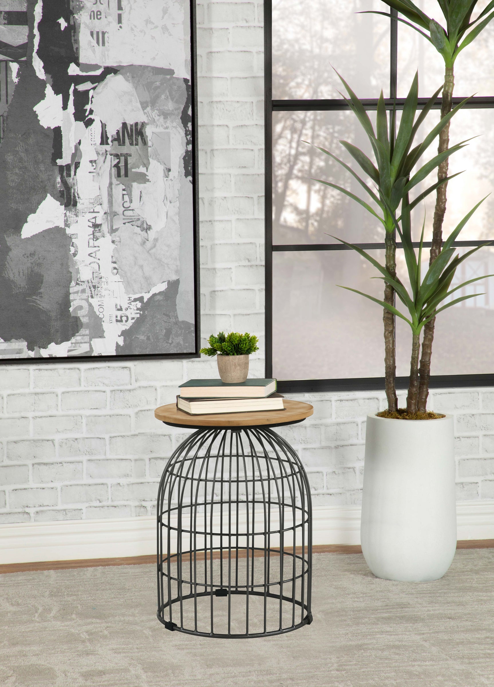 Bernardo Round Wire Frame Side Table Natural and Gunmetal - Tampa Furniture Outlet