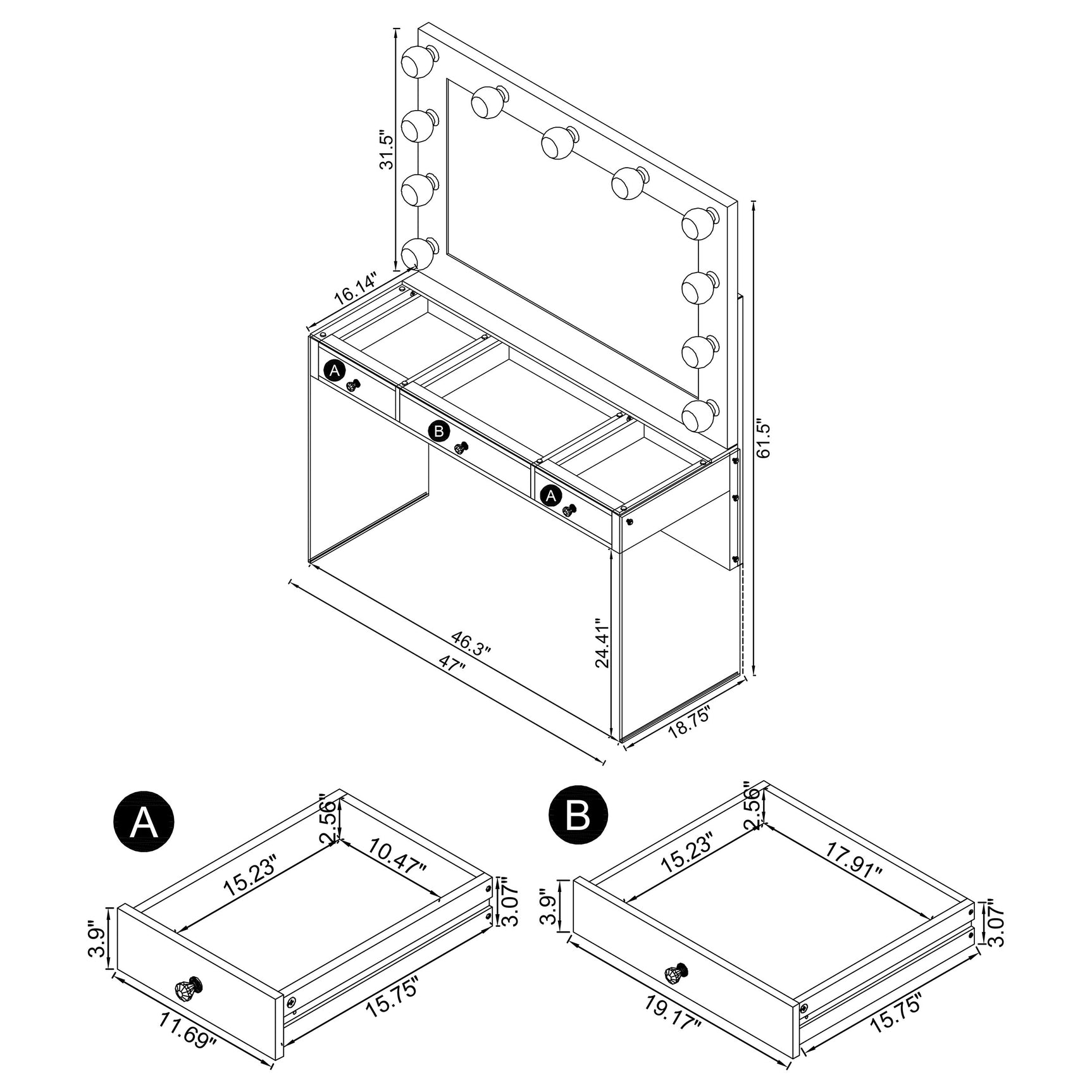 Afshan 3-drawer Vanity Set with Lighting Grey High Gloss - Tampa Furniture Outlet