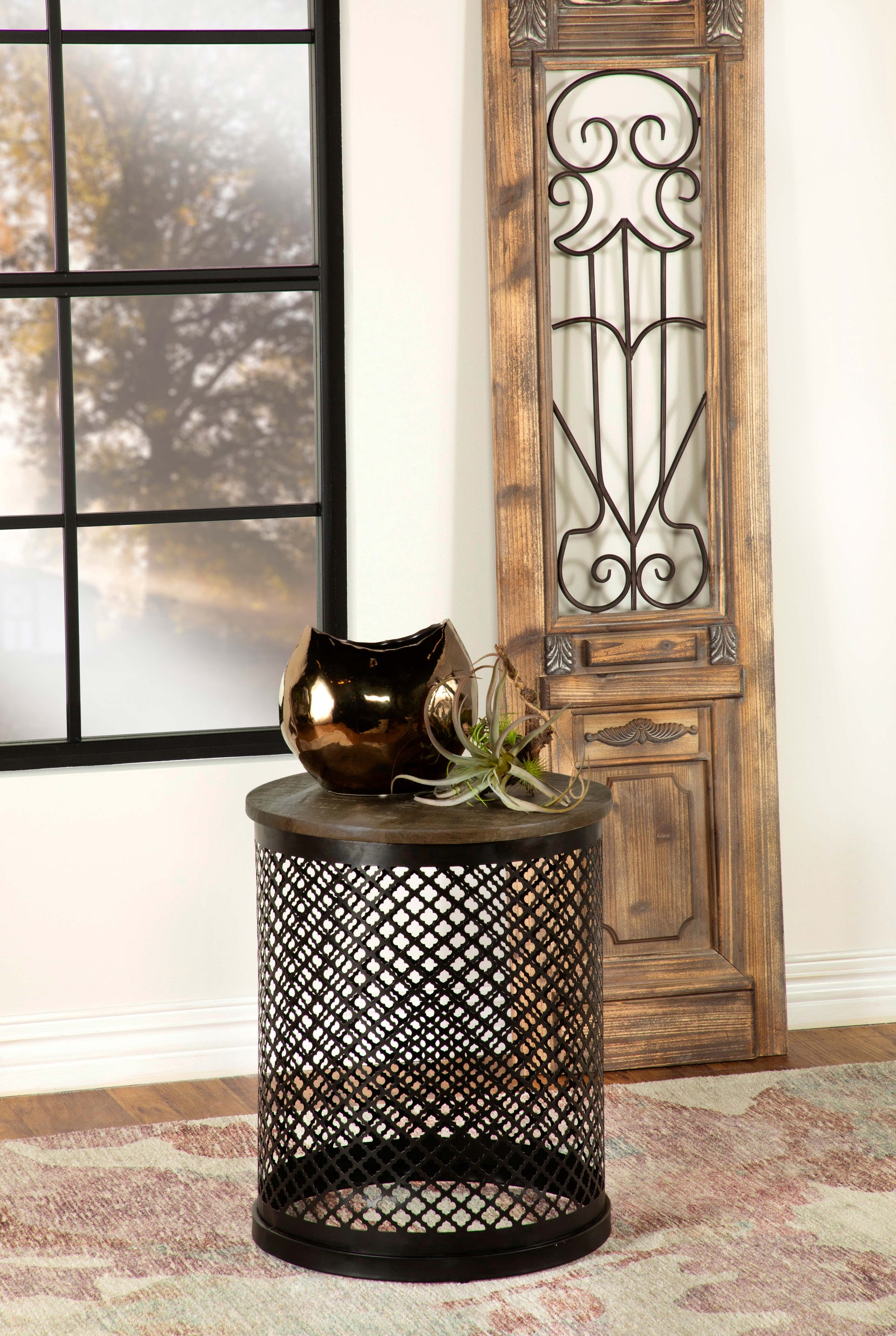 Aurora Round Drum Base Accent Side Table Natural and Black - Tampa Furniture Outlet