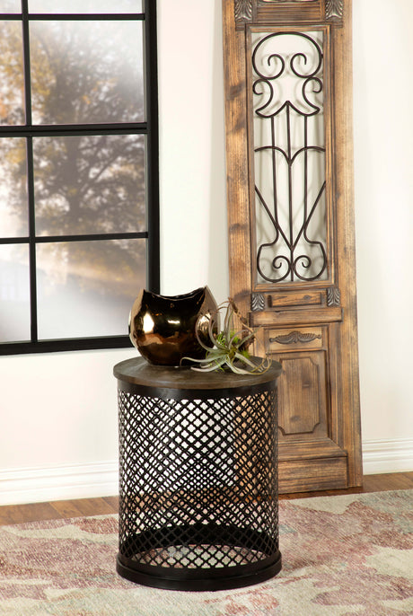 Aurora Round Drum Base Accent Side Table Natural and Black - Tampa Furniture Outlet
