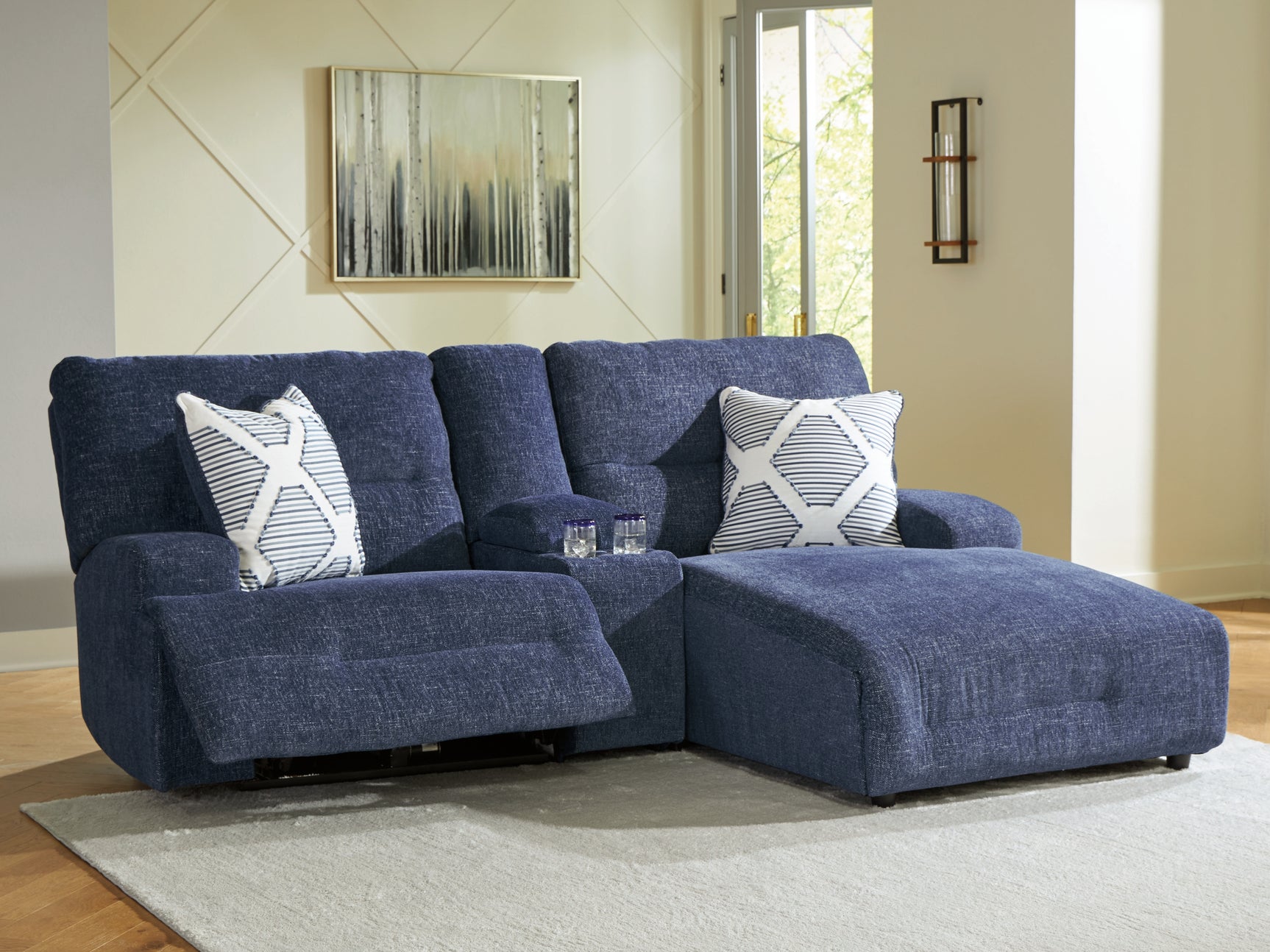 Tampa Furniture Outlet - Ashley Furniture - Acklen Place Sectional - 3-Piece Power Reclining Sectional Sofa with Chaise / Navy - 93607S4