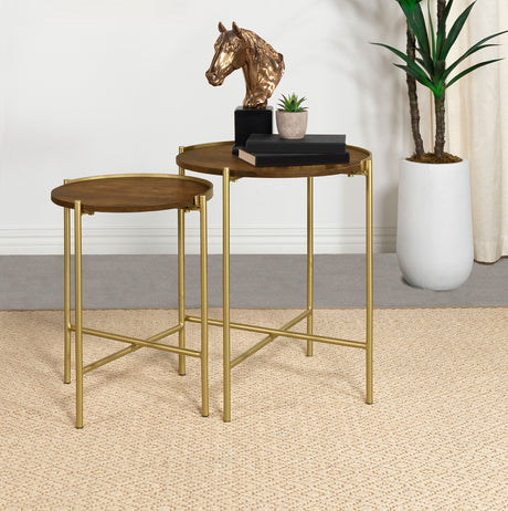 Malka 2-piece Round Wood Nesting Table Dark Brown and Gold - Tampa Furniture Outlet