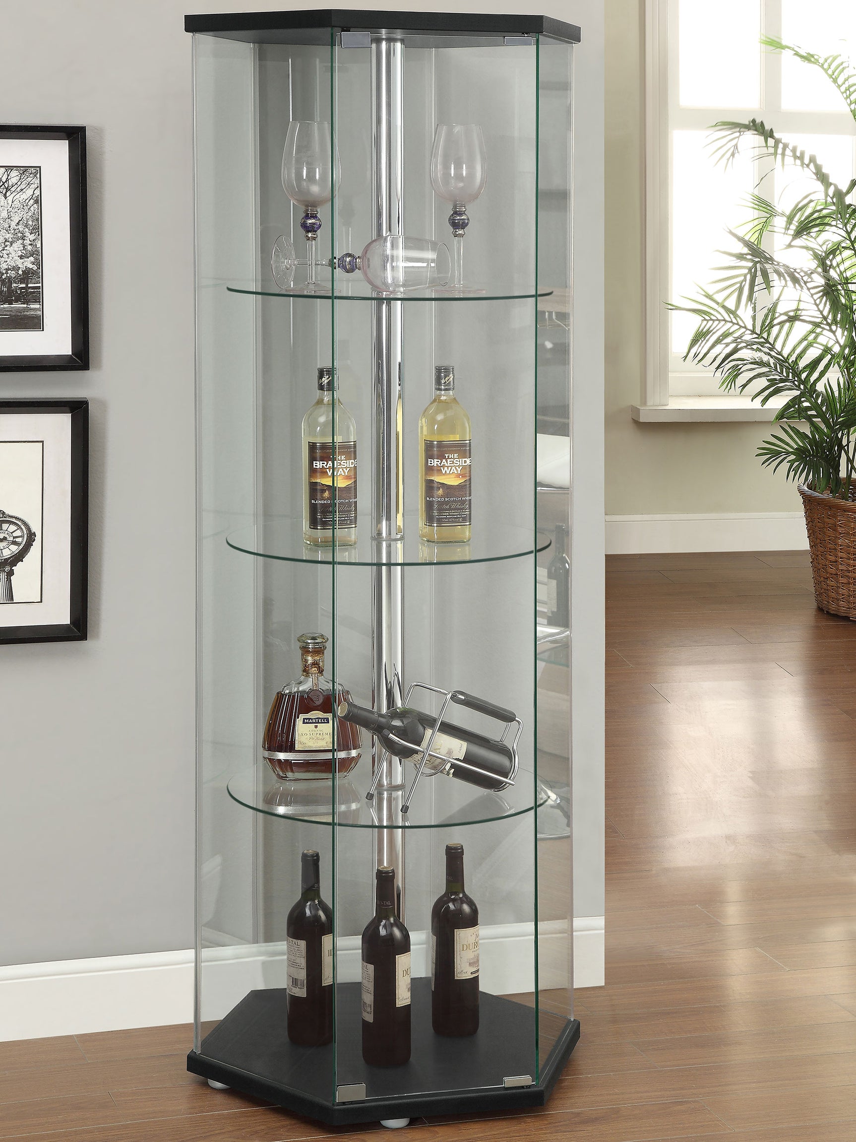 Zahavah 4-shelf Hexagonal Clear Glass Curio Cabinet Black - Tampa Furniture Outlet