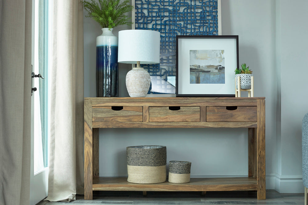 Esther 3-drawer Wood Console Table Natural Sheesham - Tampa Furniture Outlet