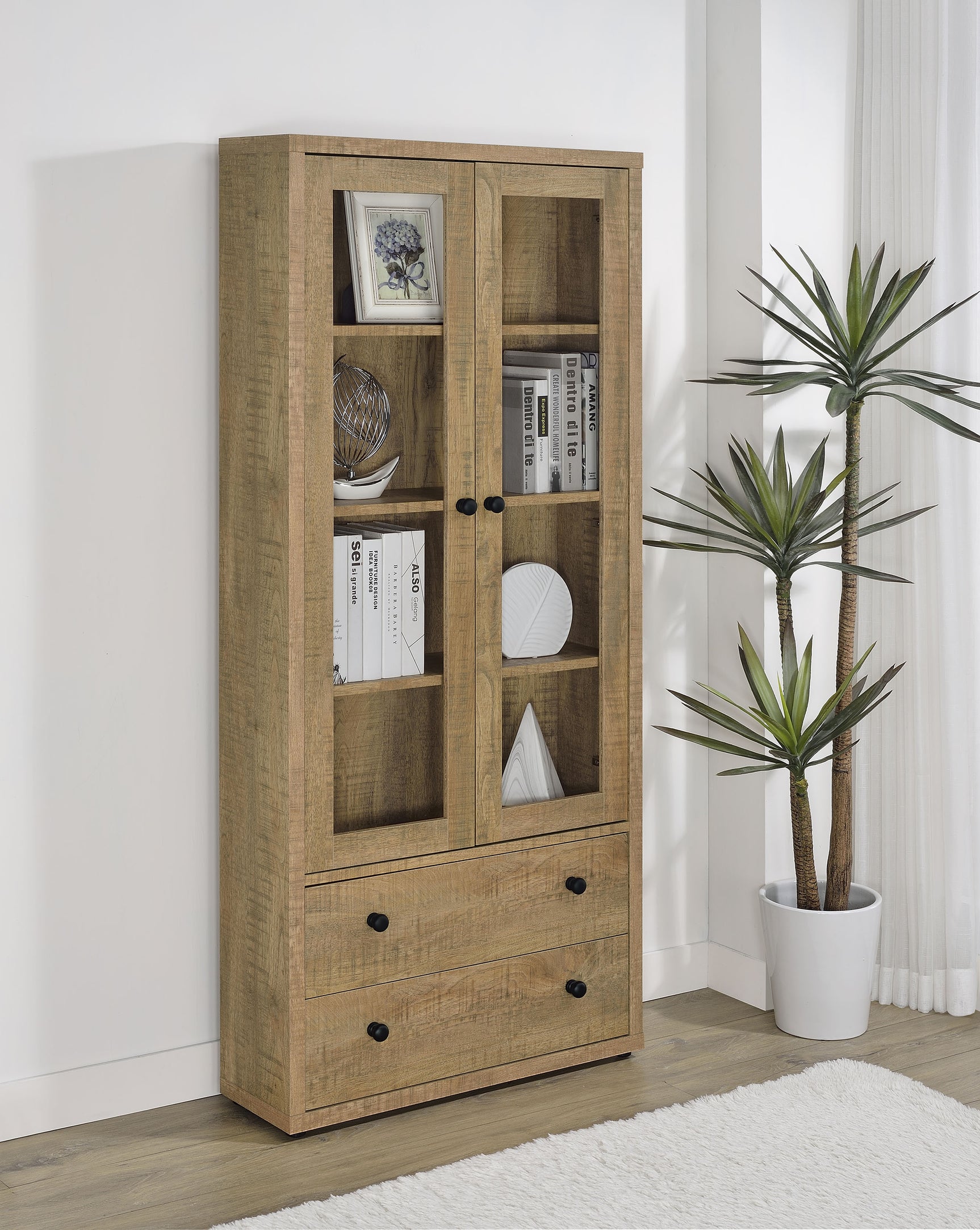 Hawthorne 4-shelf Glass Door Tall Cabinet with Drawers Mango - Tampa Furniture Outlet