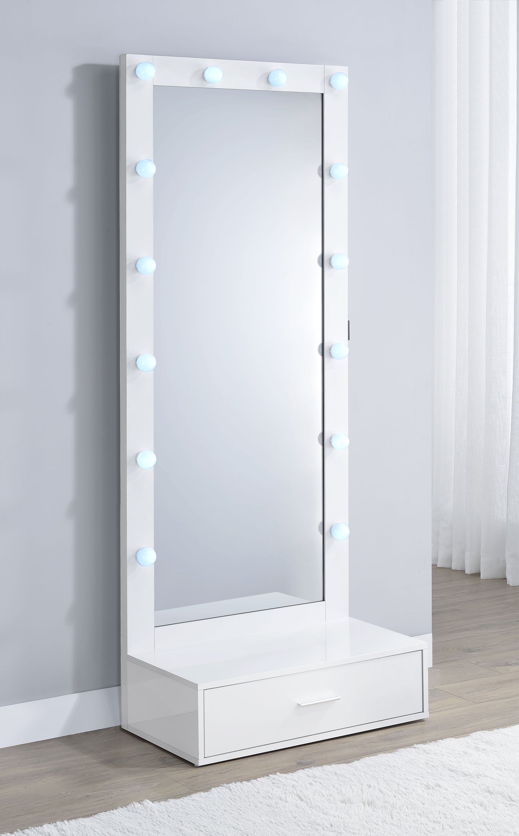 Spector 1-drawer Lighted Full-Length Floor Mirror White High Gloss