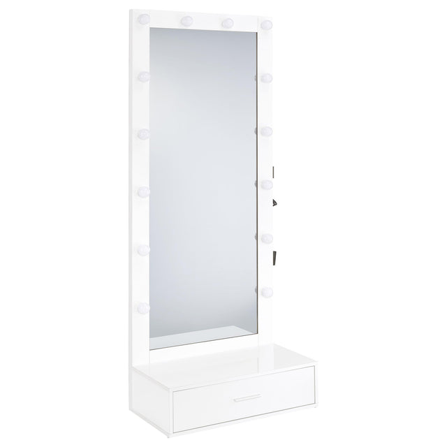 Tampa Furniture Outlet - Coaster - Spector 1-drawer Lighted Full-Length Floor Mirror White High Gloss - 960954