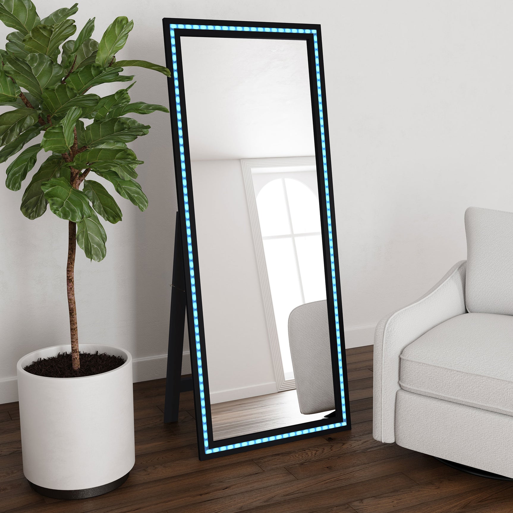 Windrose 28 x 67 Inch Tempered LED Standing Mirror Black - Tampa Furniture Outlet
