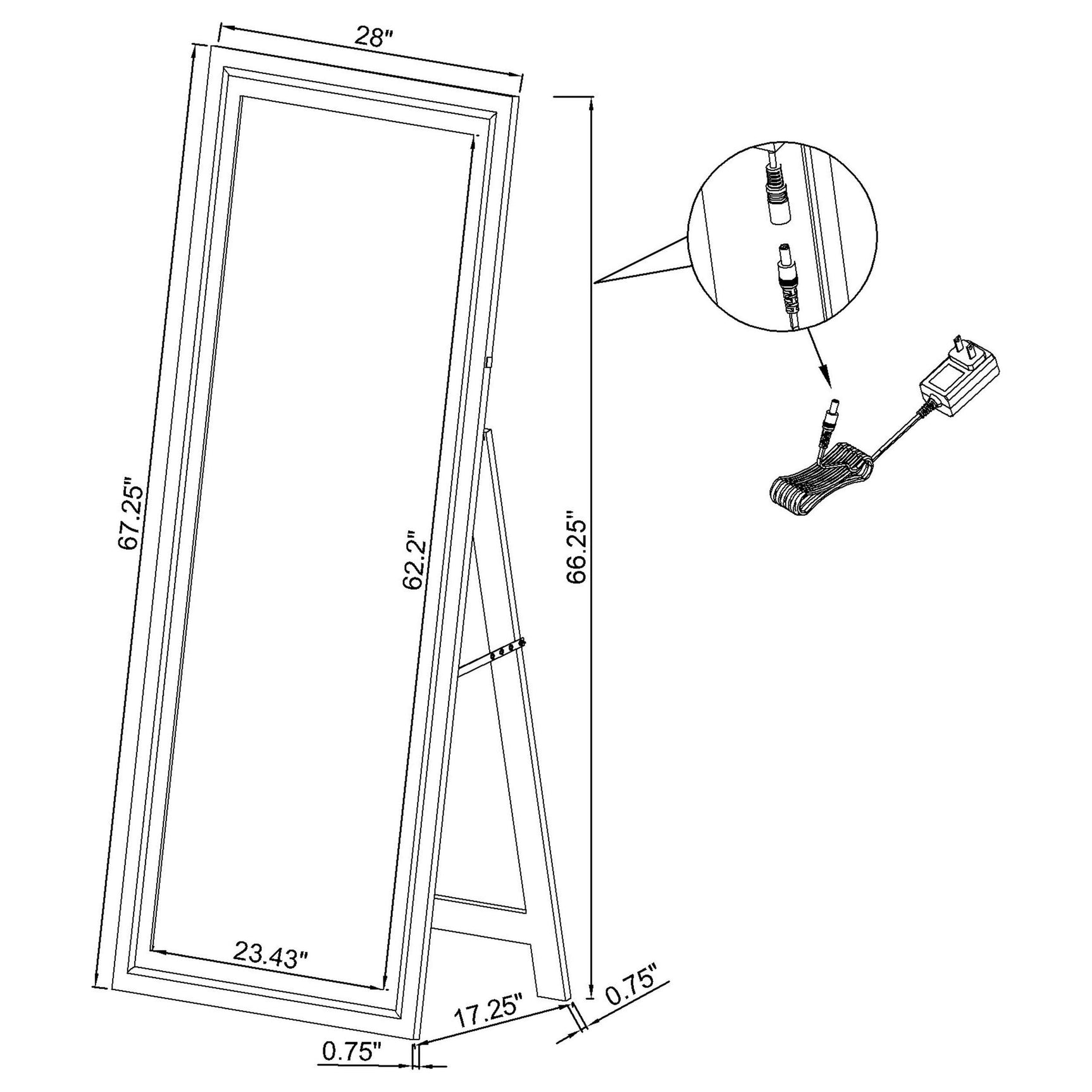 Windrose 28 x 67 Inch Tempered LED Standing Mirror Black - Tampa Furniture Outlet