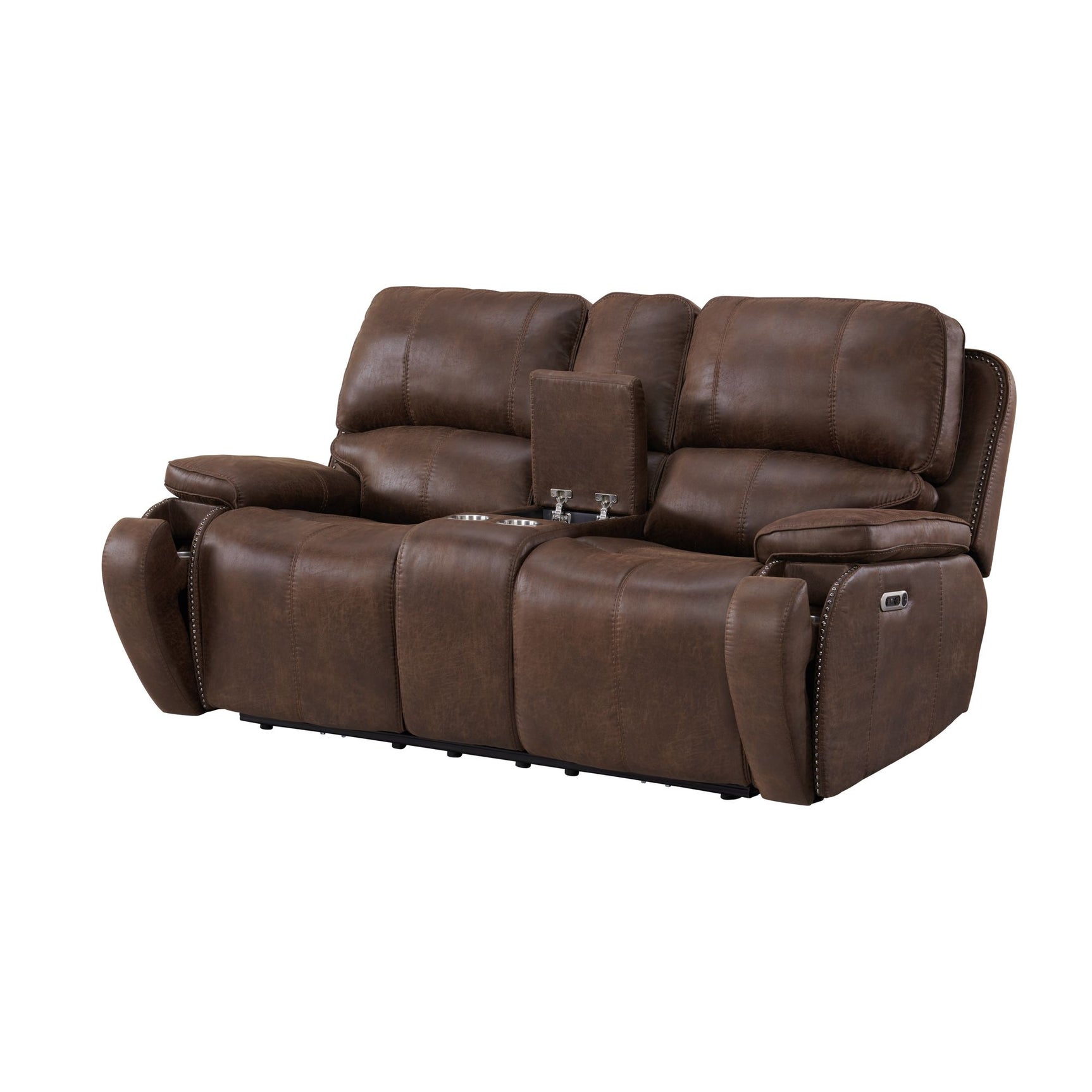 Atlantis Power Motion Loveseat with Power Motion Head Recliner & Console in Heritage Brown - Tampa Furniture Outlet