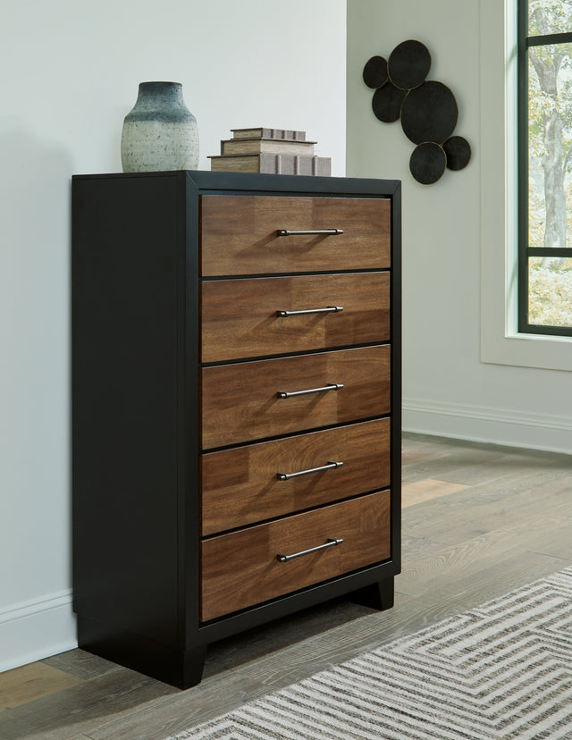 Tampa Furniture Outlet - Ashley Furniture - Kraeburn Bedroom - Five Drawer Chest / Brown/Black - B496-46