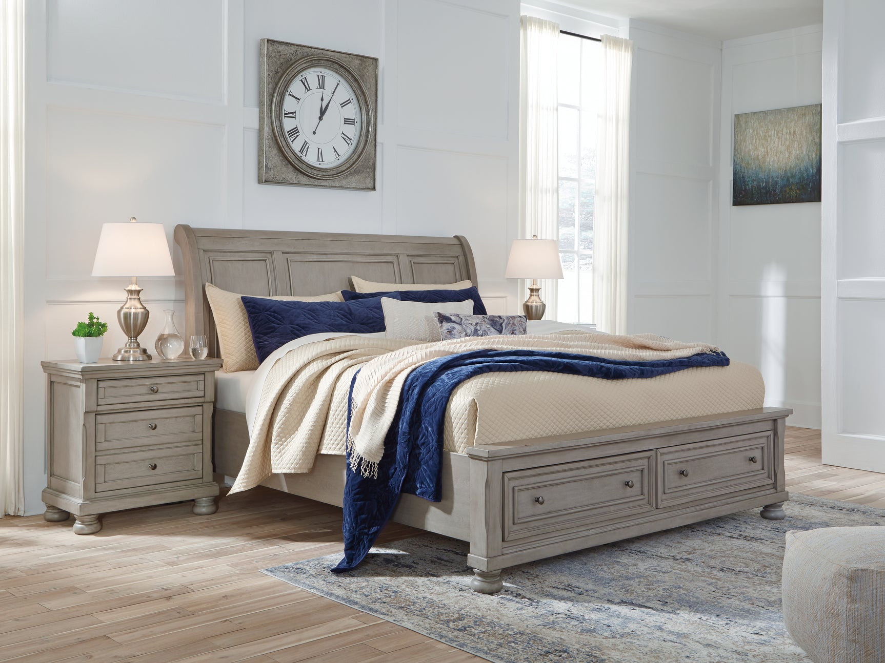 Tampa Furniture Outlet - Ashley Furniture - Lettner Bedroom - King Sleigh Bed with 2 Storage Drawers / Light Gray - B733B8