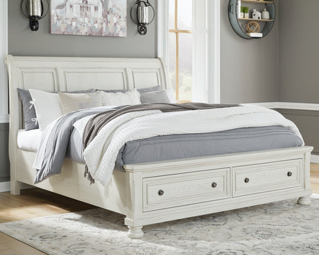 Tampa Furniture Outlet - Ashley Furniture - Robbinsdale Bedroom - California King Sleigh Bed with Storage / Antique White - B742B9