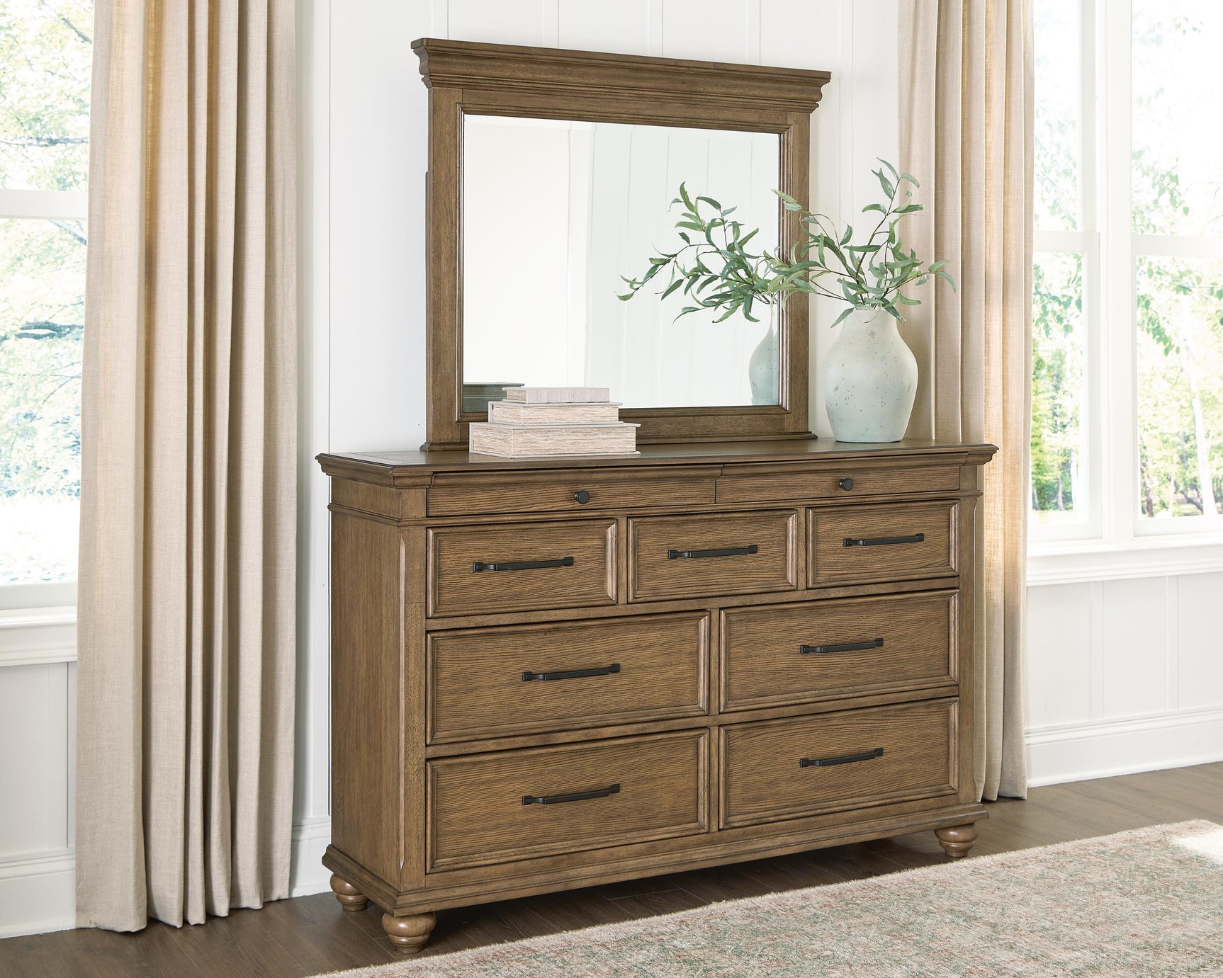 Tampa Furniture Outlet - Ashley Furniture - Karallin Bedroom - Dresser and Mirror / Medium Brown - PCB782B1