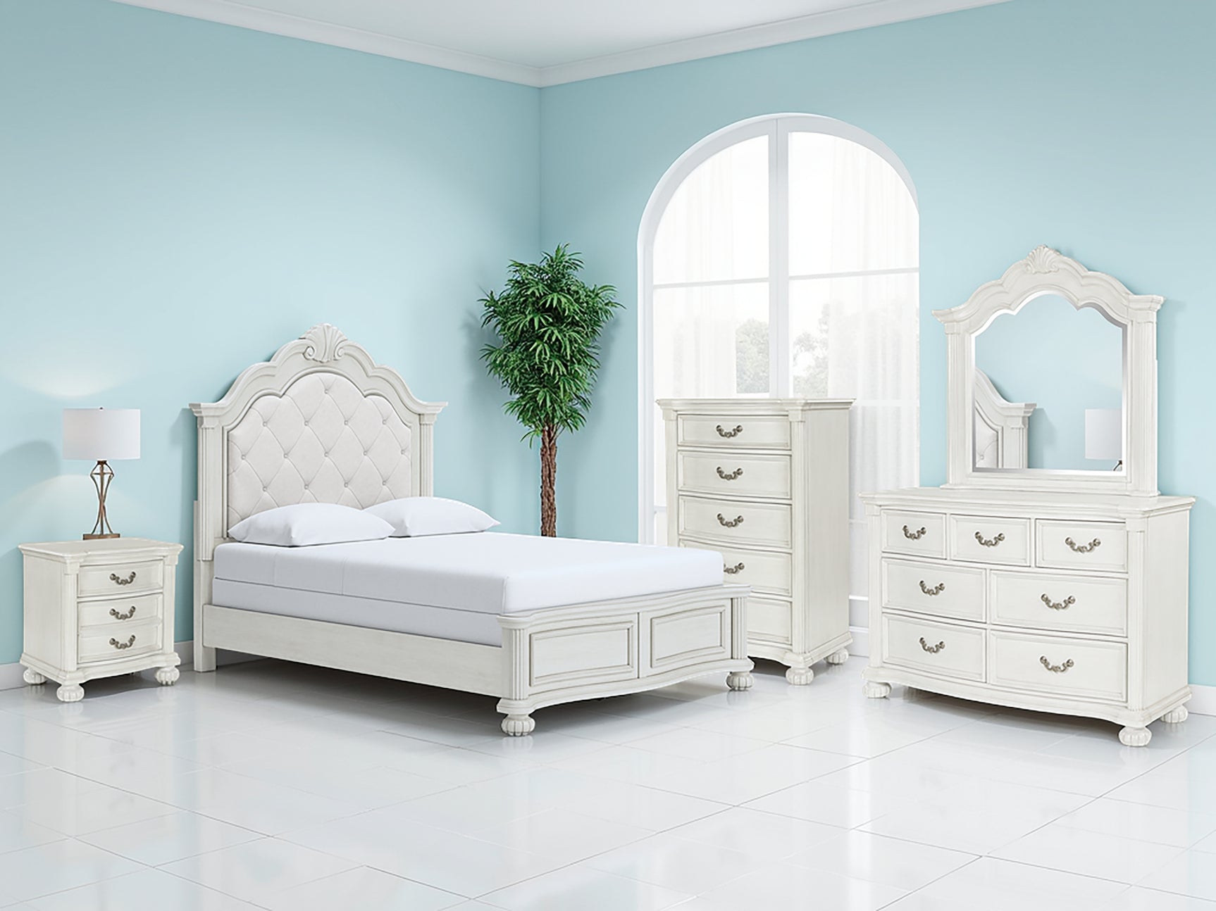 Tampa Furniture Outlet - Ashley Furniture - Montelaine Bedroom - Queen Upholstered Panel Bed / Antique White - B795B2