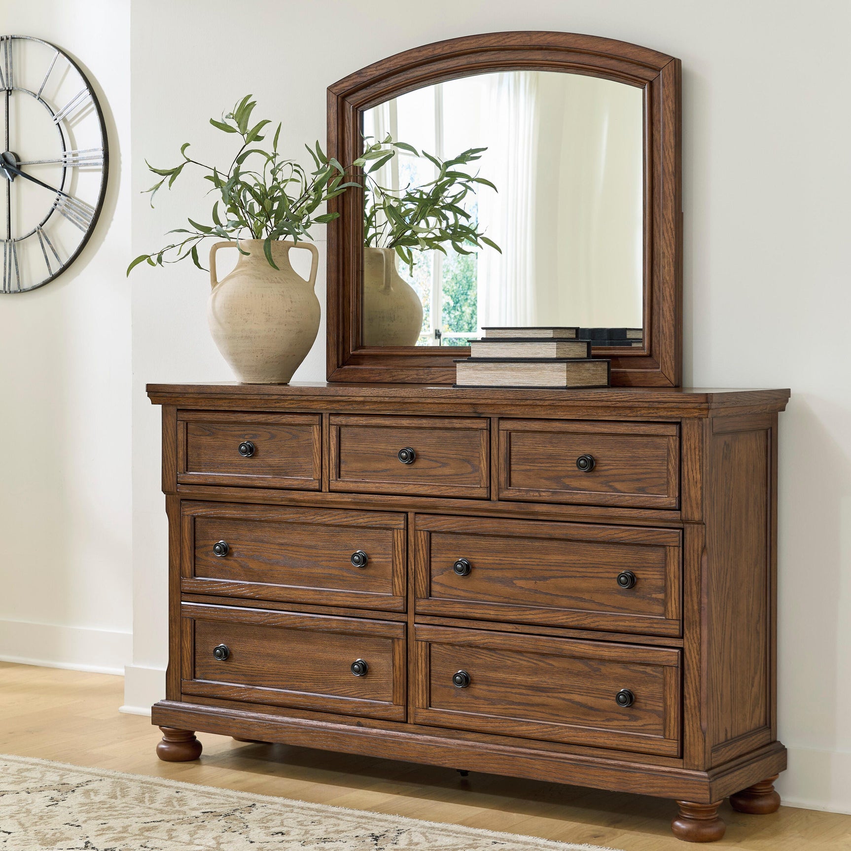 Tampa Furniture Outlet - Ashley Furniture - Zackaryn Bedroom - Dresser and Mirror / Warm Brown - PCB807B1