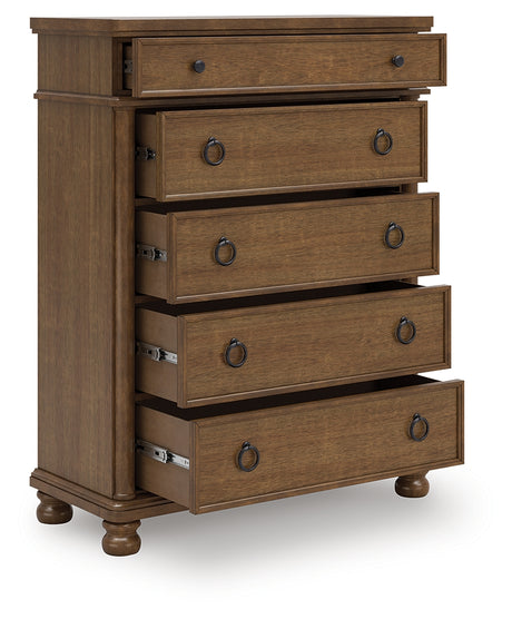 Tampa Furniture Outlet - Ashley Furniture - Rowlenstown Bedroom - Five Drawer Chest / Brown - PCB824-46