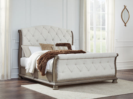 Tampa Furniture Outlet - Ashley Furniture - Ardenfield Bedroom - King Upholstered Sleigh Bed / Light Brown - B944B4
