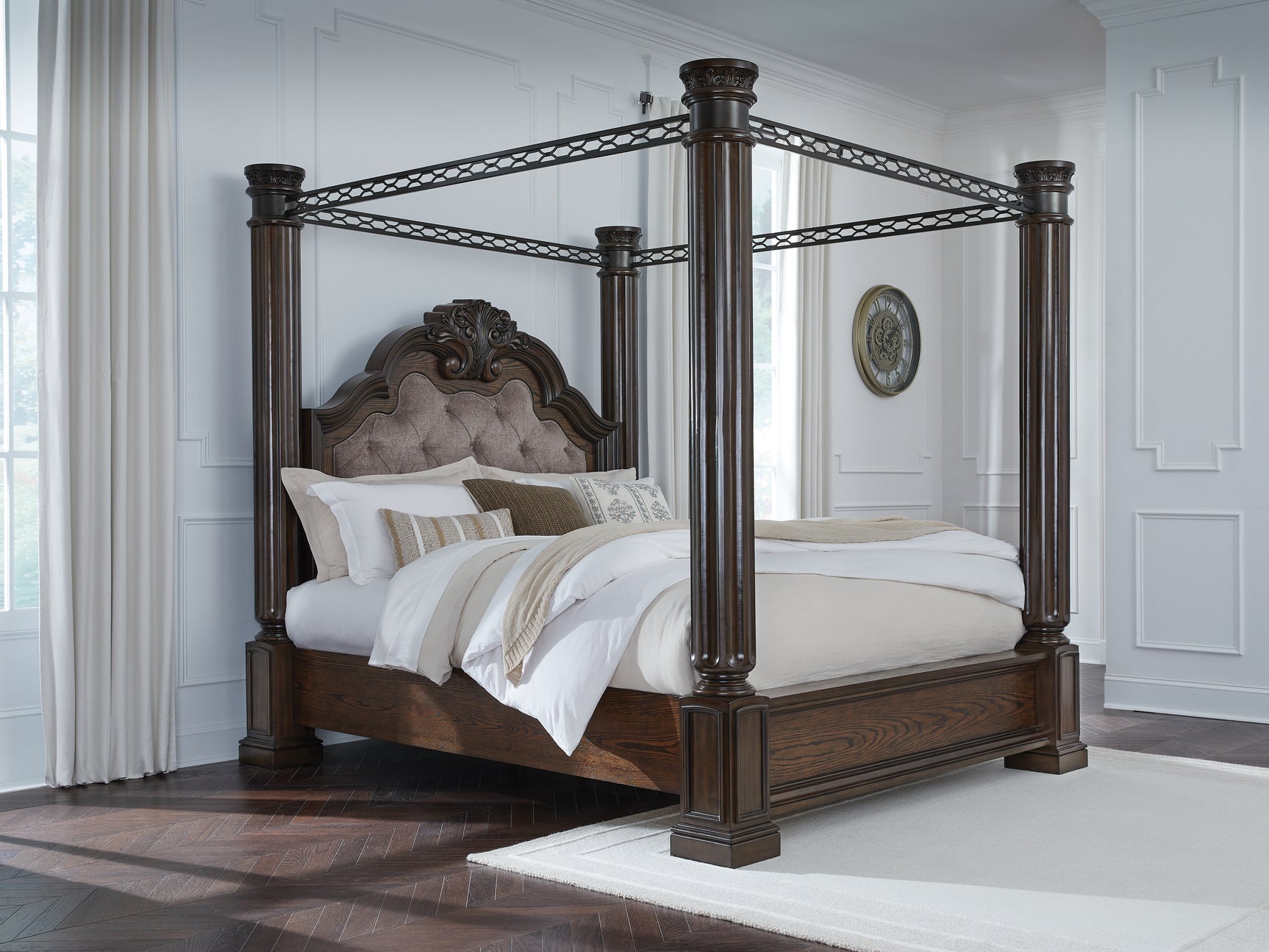 Tampa Furniture Outlet - Ashley Furniture - Maylee Bedroom - King Canopy Bed / Dark Brown - B947B10
