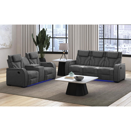 Blitz Motion Loveseat with Console, and LED in Simba Slate and Black Welt - Tampa Furniture Outlet