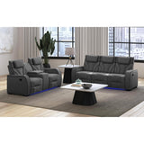 Blitz Motion Sofa with DDT, Reading Light, Wireless Charger and LED in Simba Slate and Black Welt - Tampa Furniture Outlet