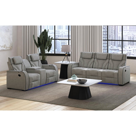 Blitz Motion Loveseat with Console, and LED in Simba Taupe and Black Welt - Tampa Furniture Outlet