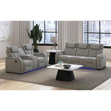 Blitz Motion Sofa with DDT, Reading Light, Wireless Charger and LED in Simba Taupe and Black Welt - Tampa Furniture Outlet