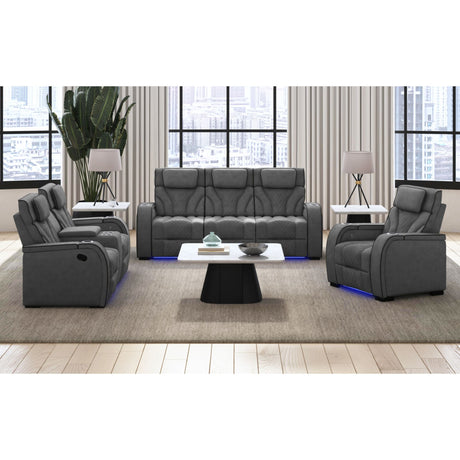 Blitz Motion Sofa with DDT, Reading Light, Wireless Charger and LED in Simba Slate and Black Welt – SKU U-19190-11108-305 | Elements