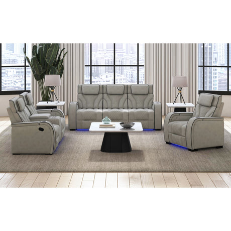 Blitz Motion Loveseat with Console, and LED in Simba Taupe and Black Welt – SKU U-19190-11107-285 | Elements