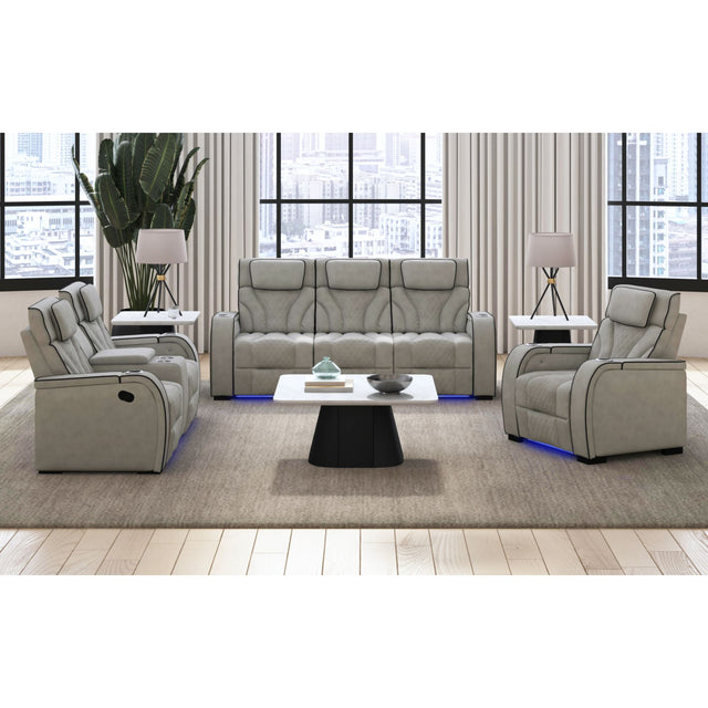 Blitz Motion Loveseat with Console, and LED in Simba Taupe and Black Welt – SKU U-19190-11107-285 | Elements