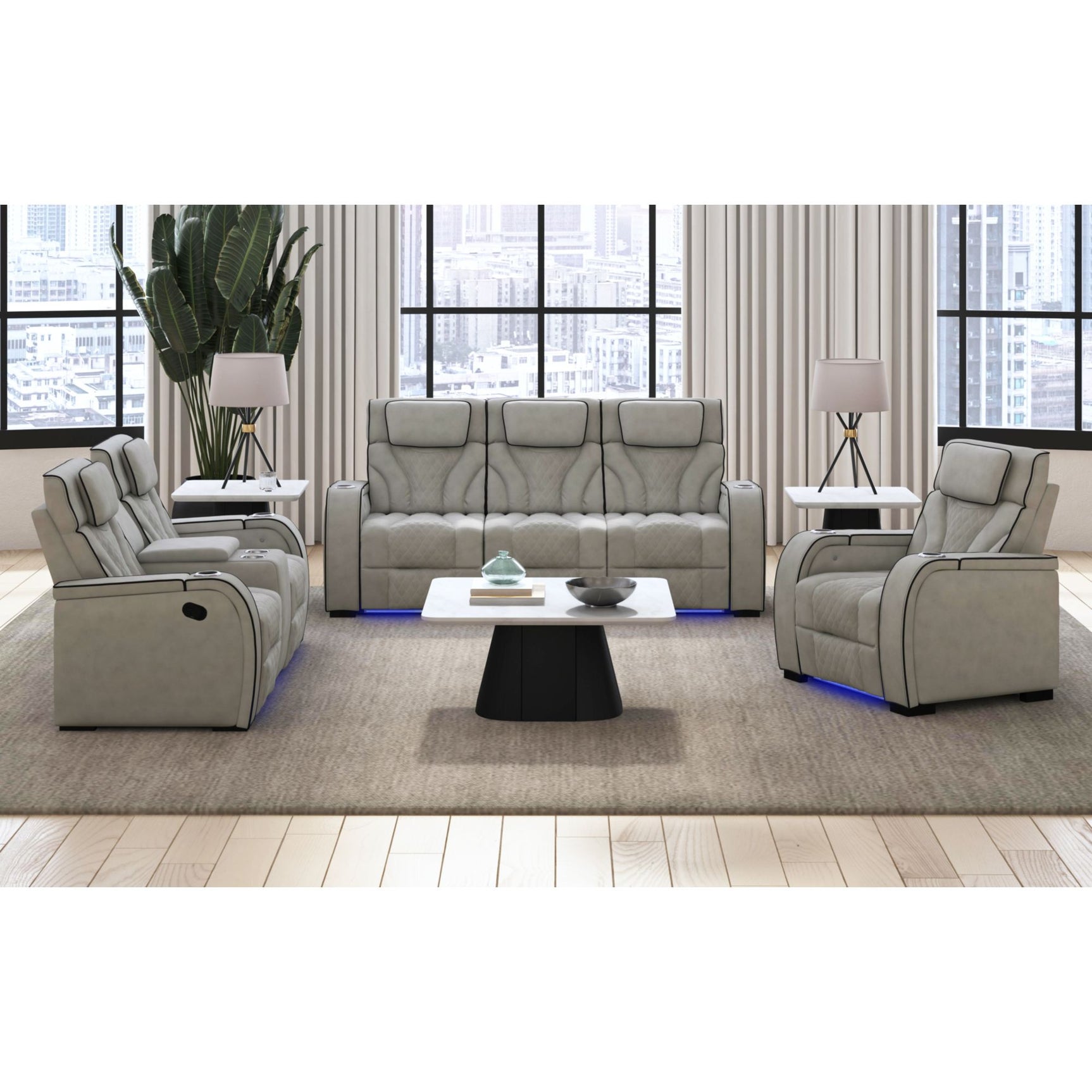 Blitz Motion Sofa with DDT, Reading Light, Wireless Charger and LED in Simba Taupe and Black Welt – SKU U-19190-11107-305 | Elements