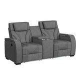 Blitz Motion Loveseat with Console, and LED in Simba Slate and Black Welt - Tampa Furniture Outlet