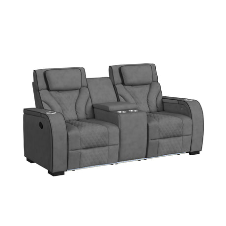 Blitz Motion Loveseat with Console, and LED in Simba Slate and Black Welt