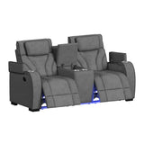 Blitz Motion Loveseat with Console, and LED in Simba Slate and Black Welt - Tampa Furniture Outlet