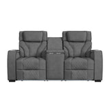 Blitz Motion Loveseat with Console, and LED in Simba Slate and Black Welt - Tampa Furniture Outlet