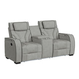 Blitz Motion Loveseat with Console, and LED in Simba Taupe and Black Welt - Tampa Furniture Outlet
