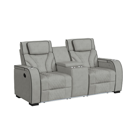 Blitz Motion Loveseat with Console, and LED in Simba Taupe and Black Welt