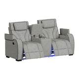 Blitz Motion Loveseat with Console, and LED in Simba Taupe and Black Welt - Tampa Furniture Outlet