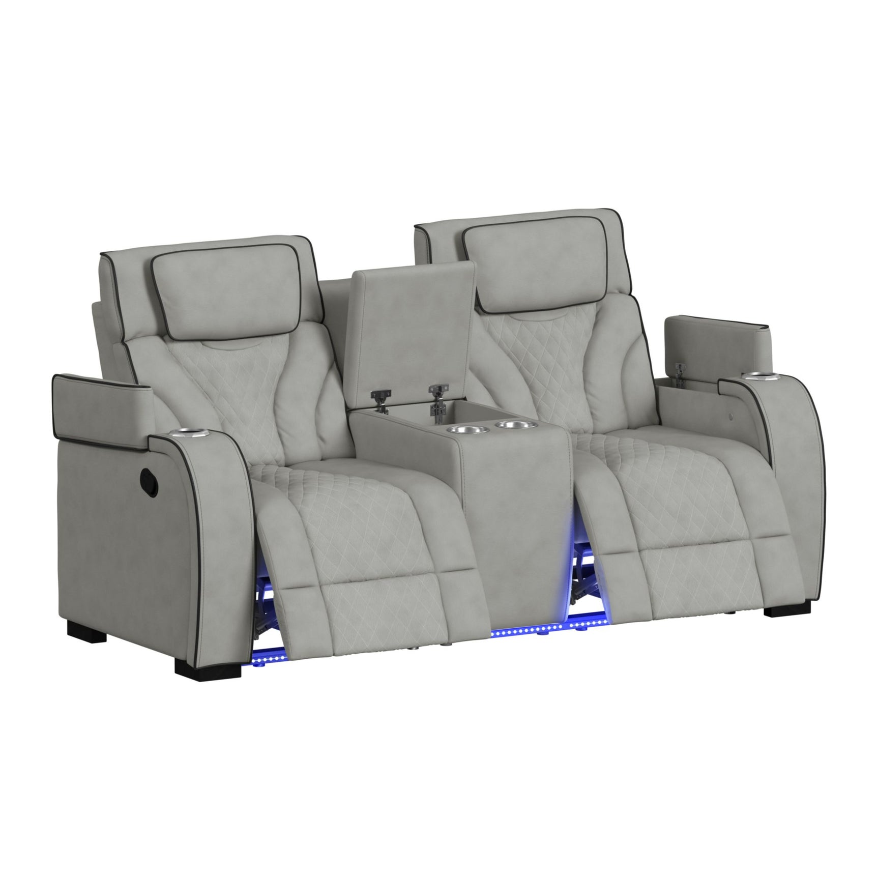 Blitz Motion Loveseat with Console, and LED in Simba Taupe and Black Welt - Tampa Furniture Outlet