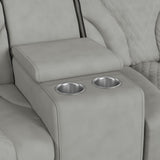 Blitz Motion Loveseat with Console, and LED in Simba Taupe and Black Welt - Tampa Furniture Outlet