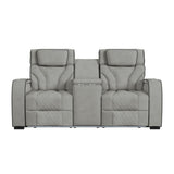 Blitz Motion Loveseat with Console, and LED in Simba Taupe and Black Welt - Tampa Furniture Outlet