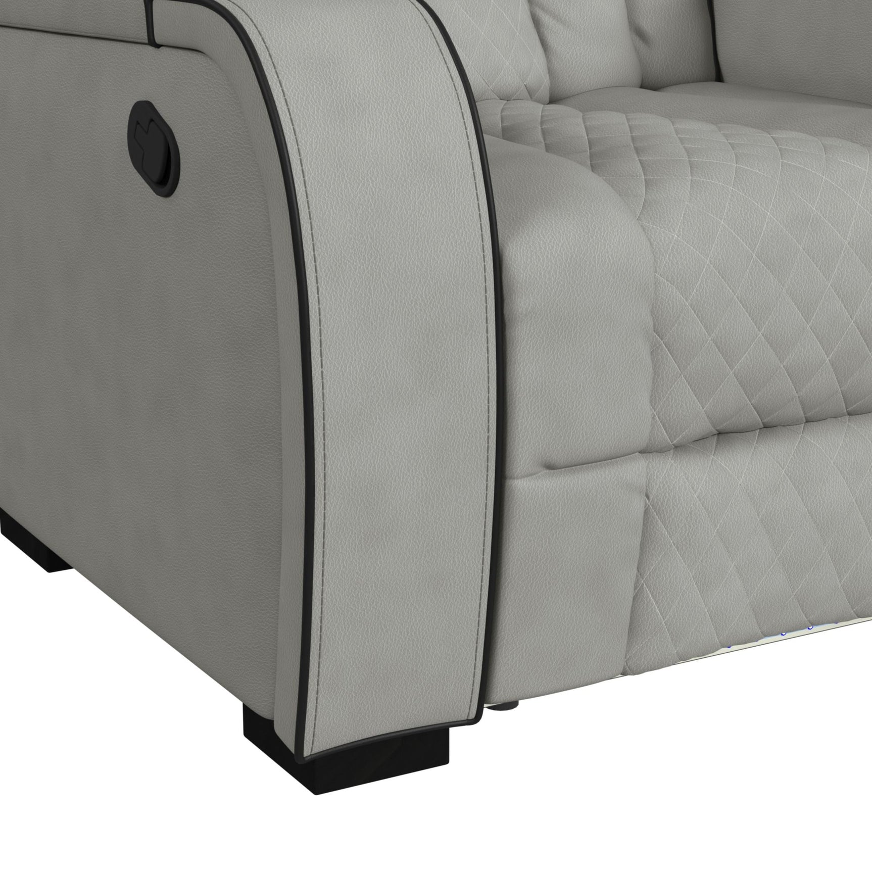 Blitz Motion Loveseat with Console, and LED in Simba Taupe and Black Welt