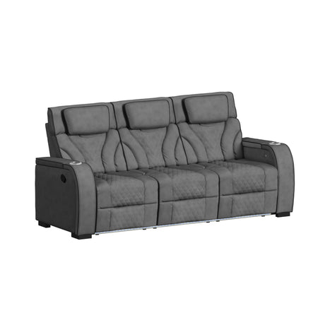 Blitz Motion Sofa with DDT, Reading Light, Wireless Charger and LED in Simba Slate and Black Welt