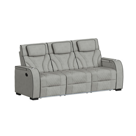 Blitz Motion Sofa with DDT, Reading Light, Wireless Charger and LED in Simba Taupe and Black Welt
