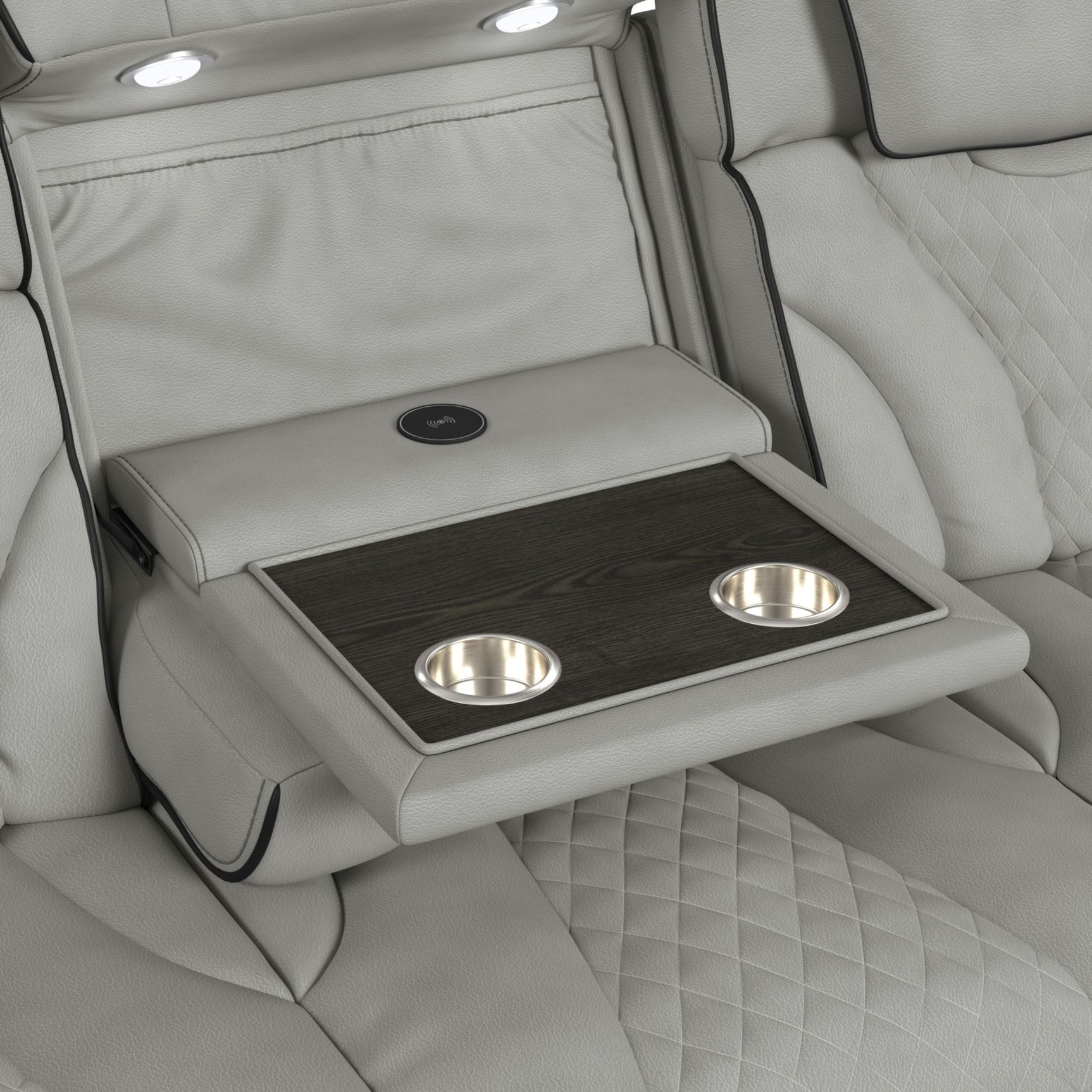 Blitz Motion Sofa with DDT, Reading Light, Wireless Charger and LED in Simba Taupe and Black Welt - Tampa Furniture Outlet