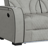 Blitz Motion Sofa with DDT, Reading Light, Wireless Charger and LED in Simba Taupe and Black Welt - Tampa Furniture Outlet