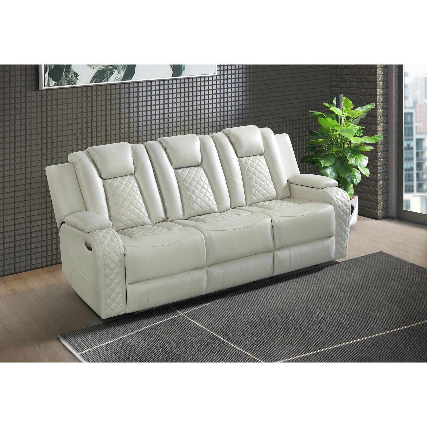 Carlo Power Motion Sofa with Power Headrest, Dropdown Table, Power strip, led and reading light in Pebble Oyster - Tampa Furniture Outlet