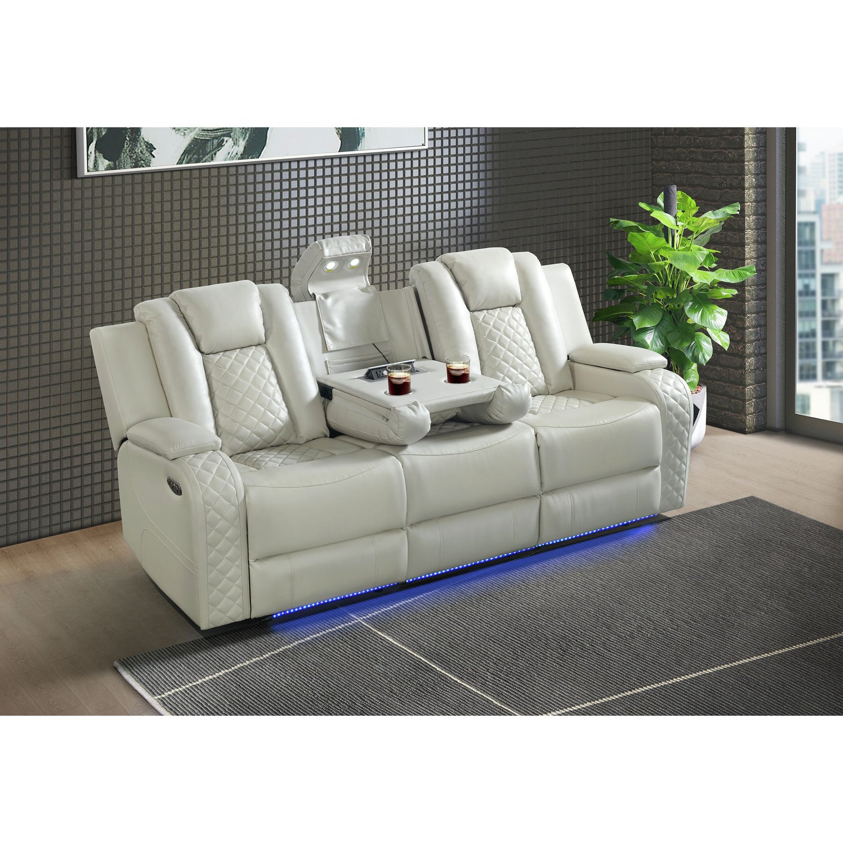 Carlo Power Motion Sofa with Power Headrest, Dropdown Table, Power strip, led and reading light in Pebble Oyster - Tampa Furniture Outlet