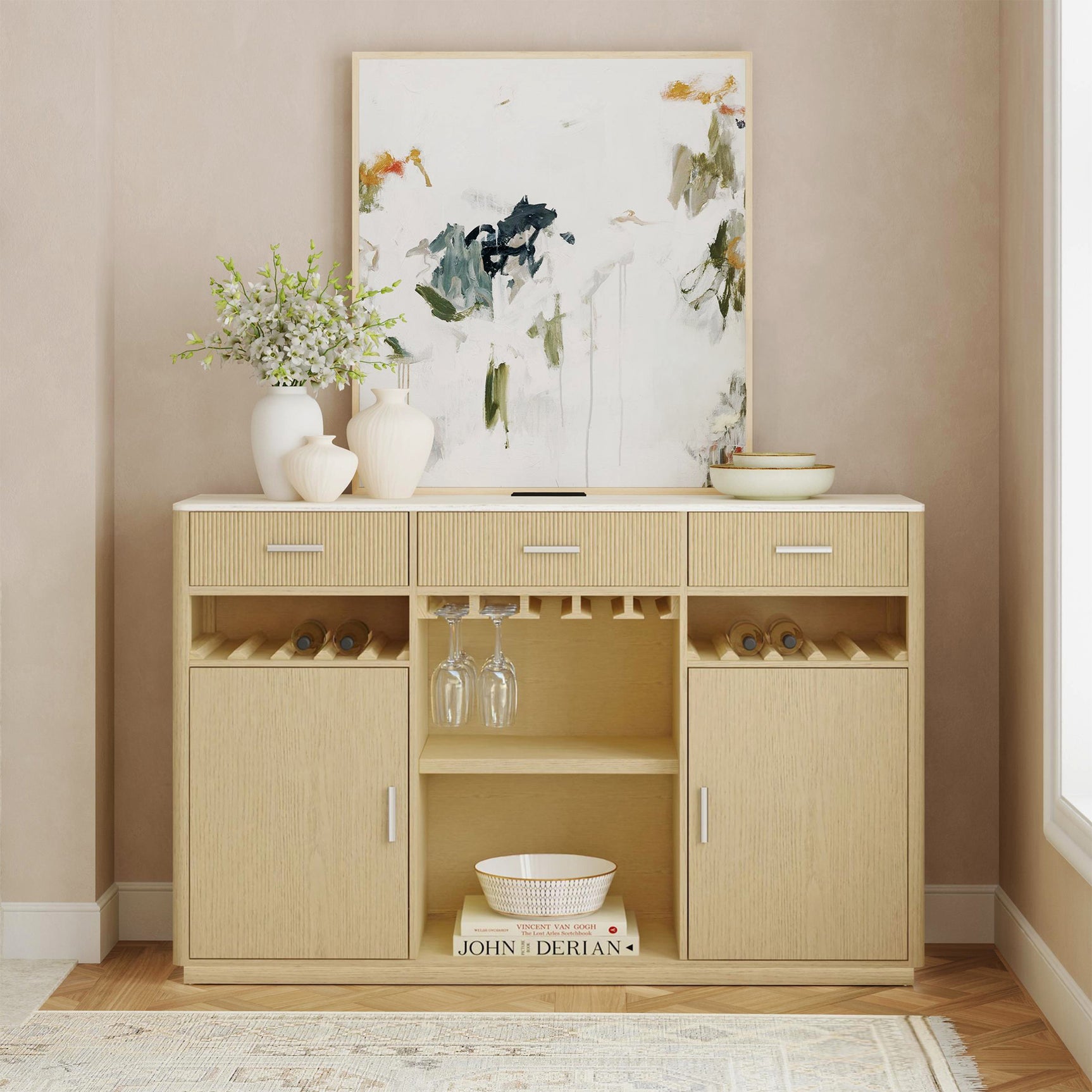 Cambrie Buffet with LED and Power in Off-White and Natural – SKU DA-18010-6-BF | Elements